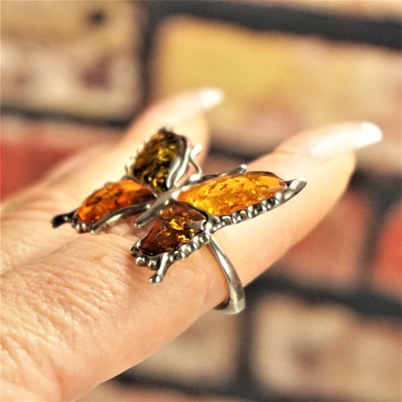 BALTIC AMBER STERLING BUTTERFLY RING SIZE 7.75 GIFT FOR WOMEN - Picture 10 of 13